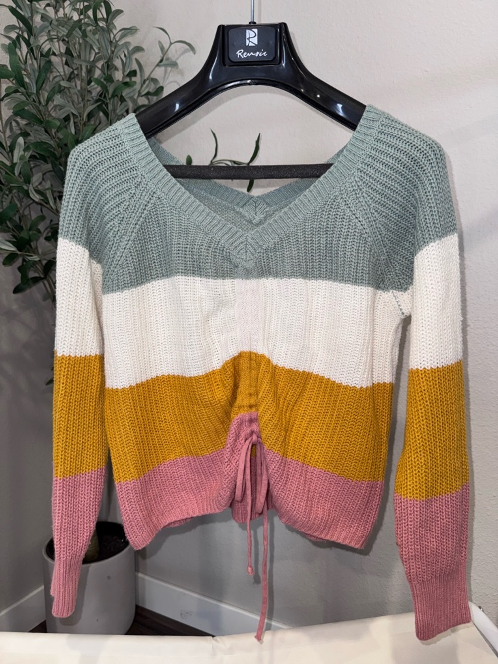 Striped V-Neck Drawstring Sweater in Sage, White, Mustard & Pink